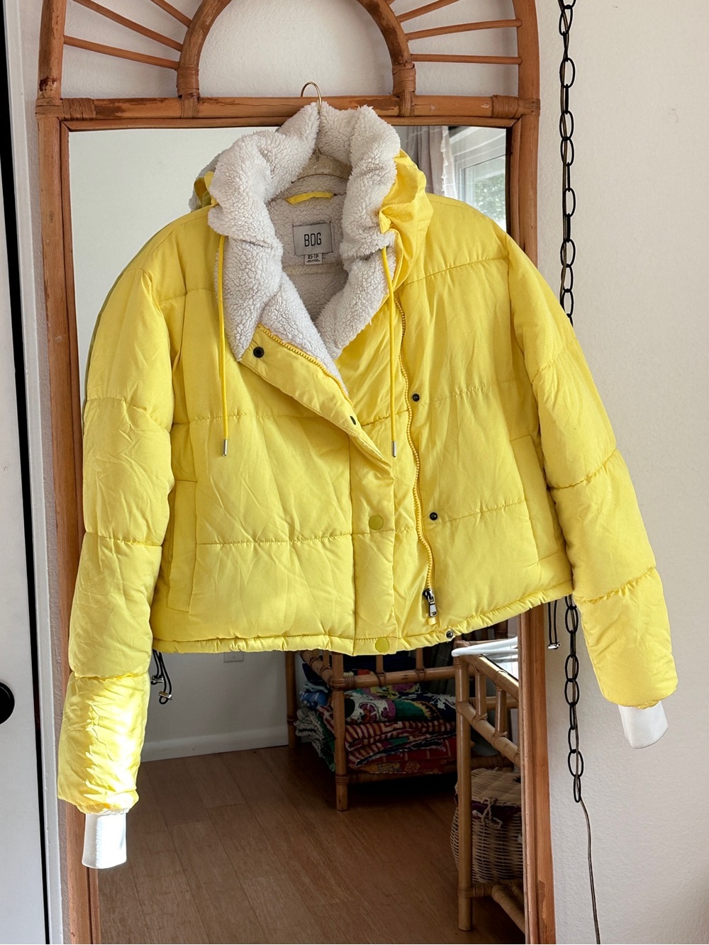 BDG Bright Yellow Sherpa-Lined Cropped Puffer Jacket